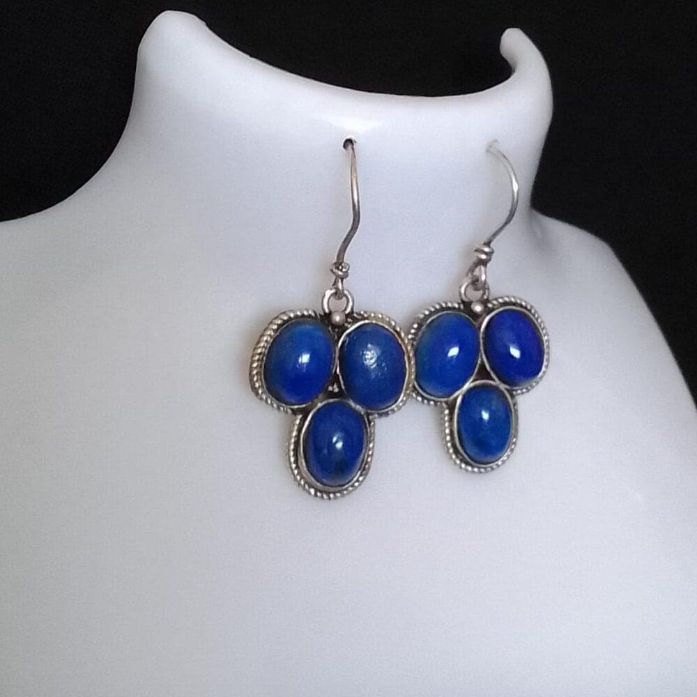 Pure Natural lapis lazuli tri stone shaped earring shaped in 925 pure silver